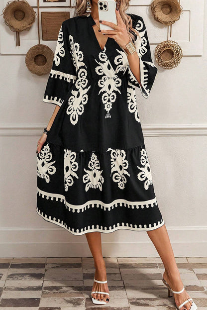 Beige Ethnic Geometric Print 3/4 Sleeve Loose Midi Dress