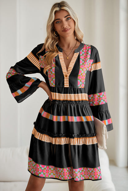 Black Ethnic Geometric Print Ruffle Mini Dress