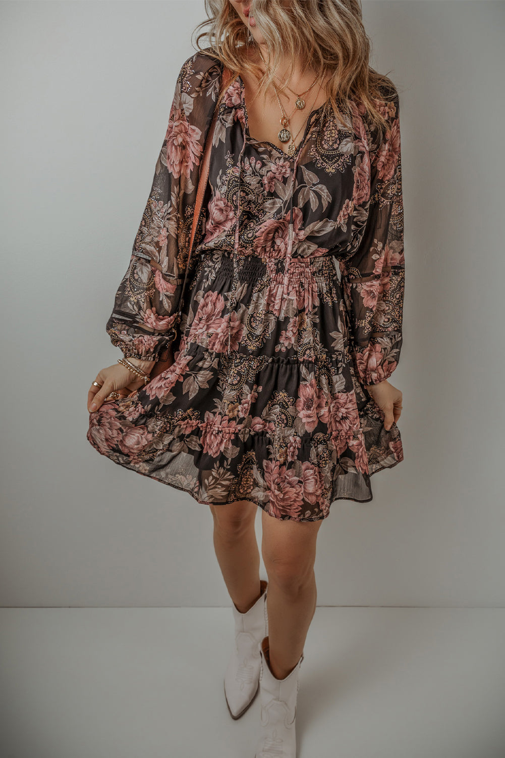 Black Floral Puff Sleeve V Neck Smocked Waist Mini Dress