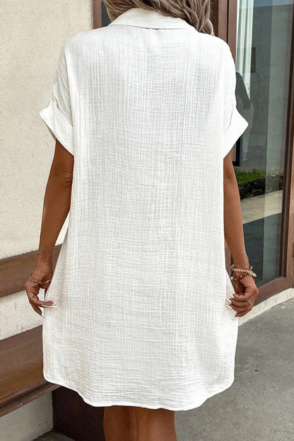 White Solid Color Button Front Roll Up Sleeve Shirt Midi Dress