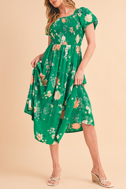 Green Floral Print Bubble Sleeve Smocked Tiered Midi Dress