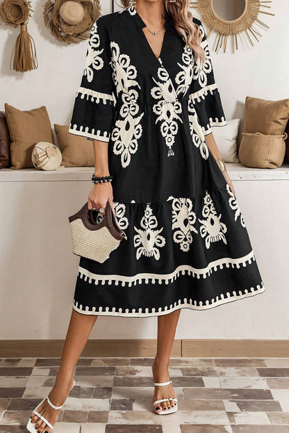 Beige Ethnic Geometric Print 3/4 Sleeve Loose Midi Dress