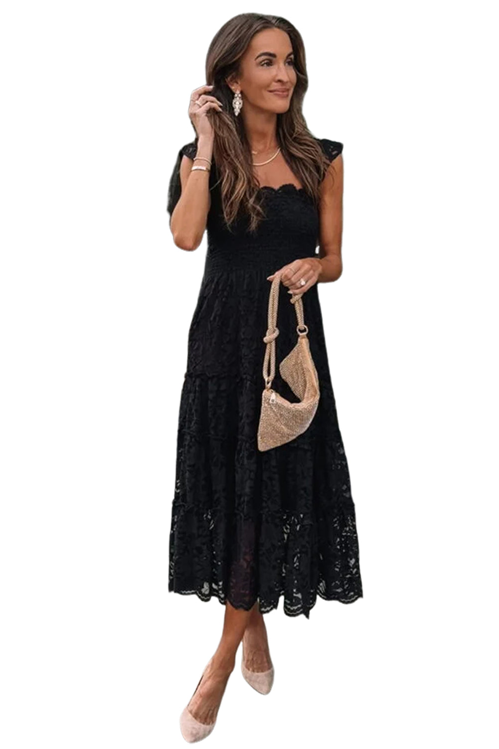 Black Lace Smocked Bodice Sleeveless Midi Dress